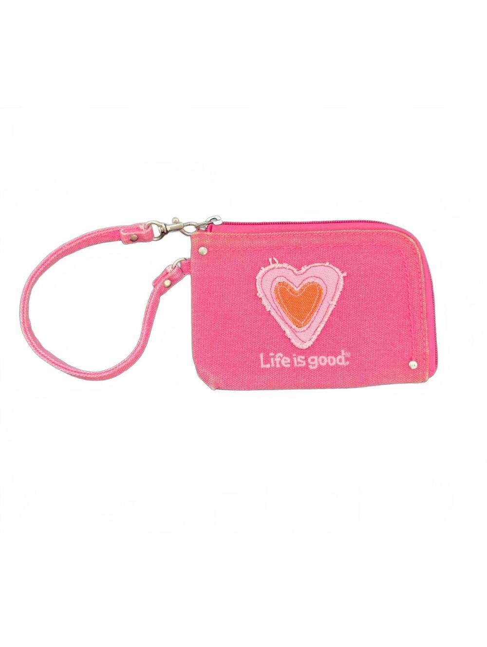 Life is Good Pink‎ Distressed Canvas Wristlet Wallet with Heart Design
